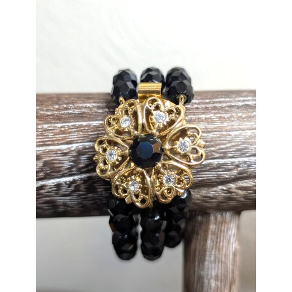 VTG Black Faceted Glass Bead Triple Strand Bracelet W/ Ornate Gold Tone Clasp - Picture 1 of 6